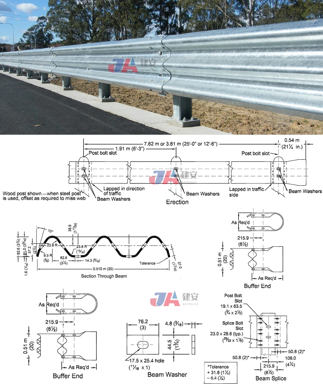 Aashto M180 Hot DIP Galvanized Steel Crash Barrier W Beam Highway Guardrail for Traffic Safety